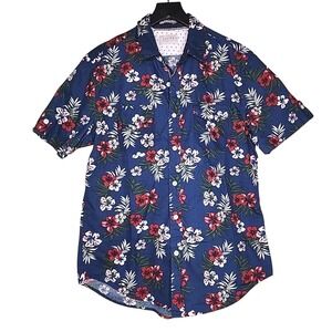 Jachs NY Button Up Shirt M Blue Floral Hawaiian Short Sleeve Beach Resort Aloha